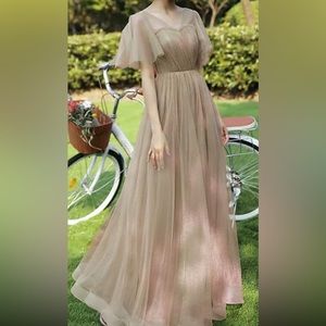 Beige tulle net maxi dress